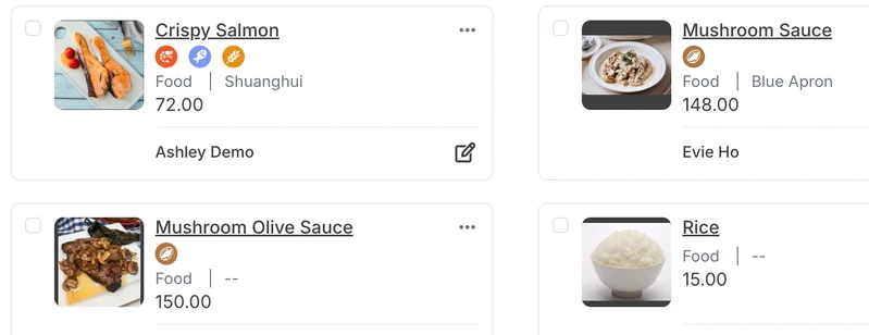 ChefHub recipe cards with cost per dish